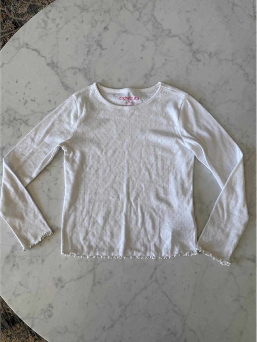J.Crew Crewcuts Girls M 8-9 White Pointelle Long Sleeve Lettuce Hem Top
